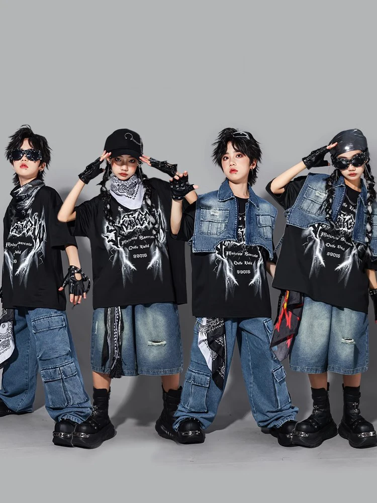 2025 Children Jazz Dance Costume Girls Denim Vest Pants Boys Street Dance Performance Clothing Summer Short Sleeves Suit BL16125