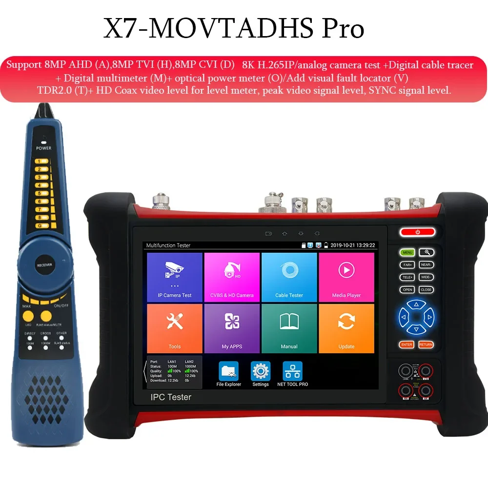 8K H265 7 Inch CCTV Tester  IP/8MP TVI CVI AHD/Analog Camera Tester, with HDMI in/Out VGA in And HD Coaxial Video Level Meter