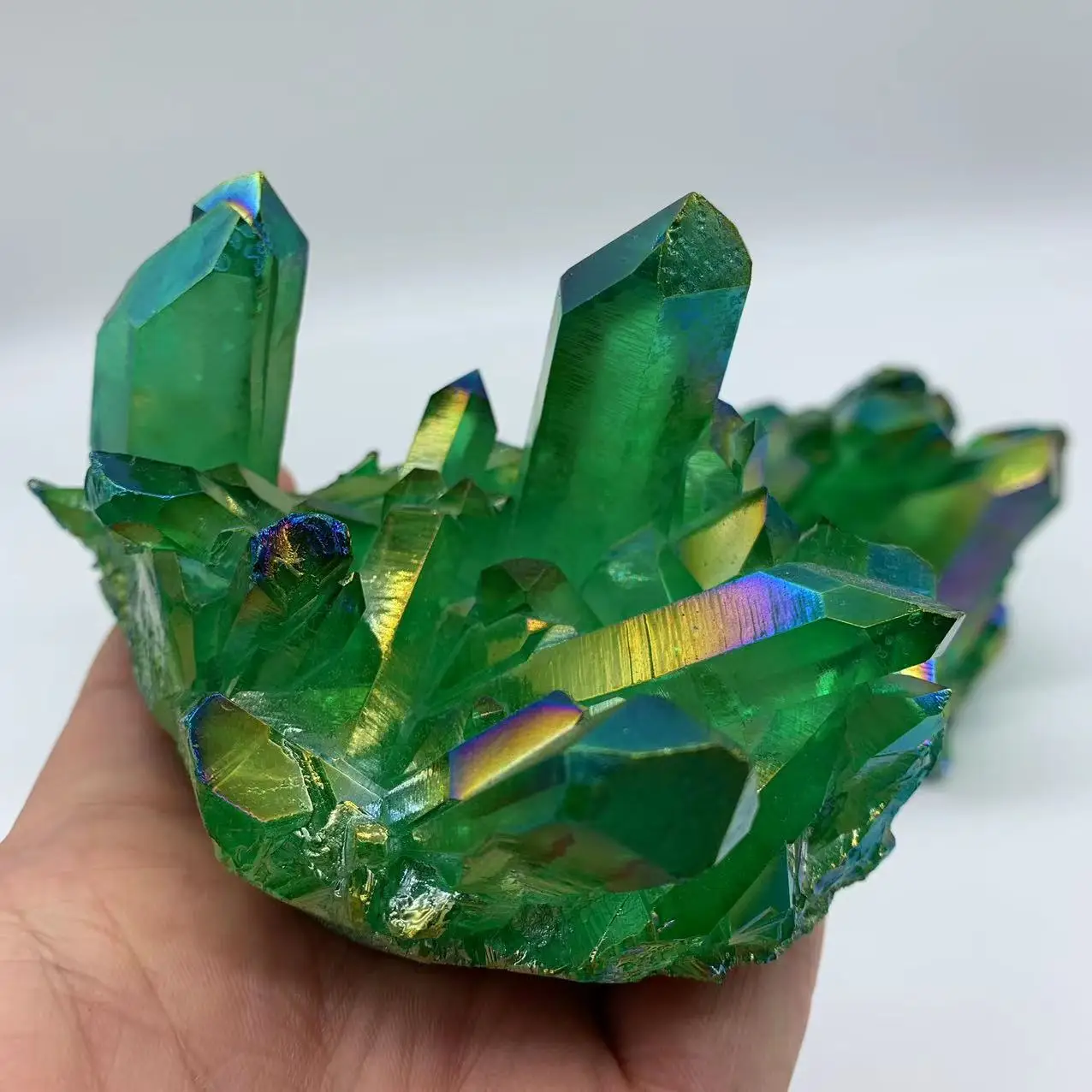 1pc Natural crystal green angel aura quartz cluster specimens cured Titanium coating quartz cluster