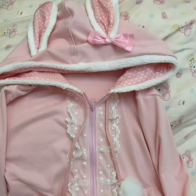Japanese Kawaii Polka Dot Rabbits Ears Hoodies Bow Pocket Lace Patchwork Women Sweet Hoody Y2k Aesthetic Pink Zipper ​Sweatshirt view 5