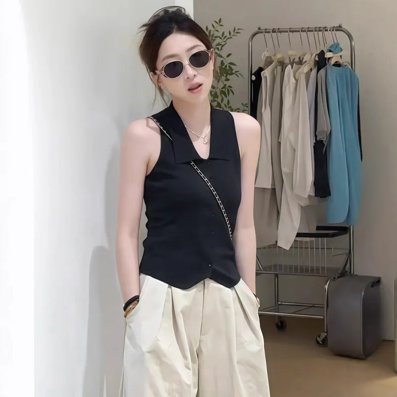 

Летняя вязаная майка, женский жилет без рукавов с воротником-поло и пуговицами, черная элегантная офисная одежда, тонкий модный элитный минималистичный наряд