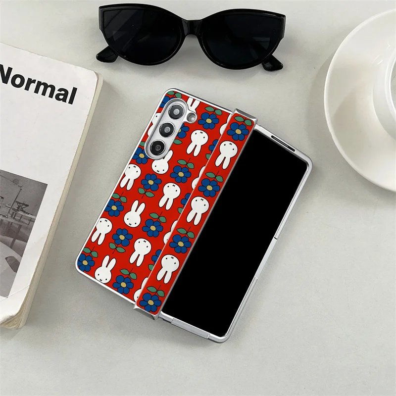 Cute Miffy Rabbit Floral Red Magnetic Phone case For Samsung Galaxy Z Fold 4 5 6 7 Shockproof Hard Protective Cover Galaxy W26 5