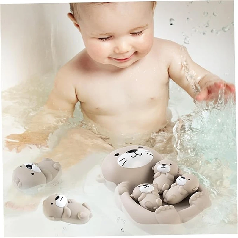 Baby Bath Floating Toys Toddler Cognitive Animal Otter Family Bath Toy Set Children Bathroom Pool Soft Squeeze Bath Toy for Kids