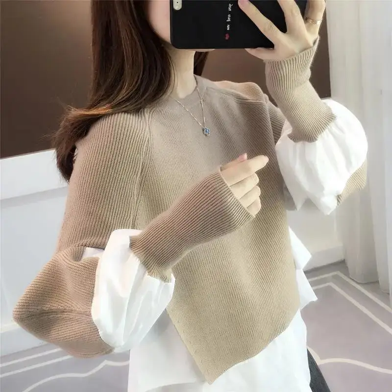 Women Autumn Spring Sweater Chic Pullover Blouse Splicing Shirt  Patchwork Knitted   Female Jumper U1022