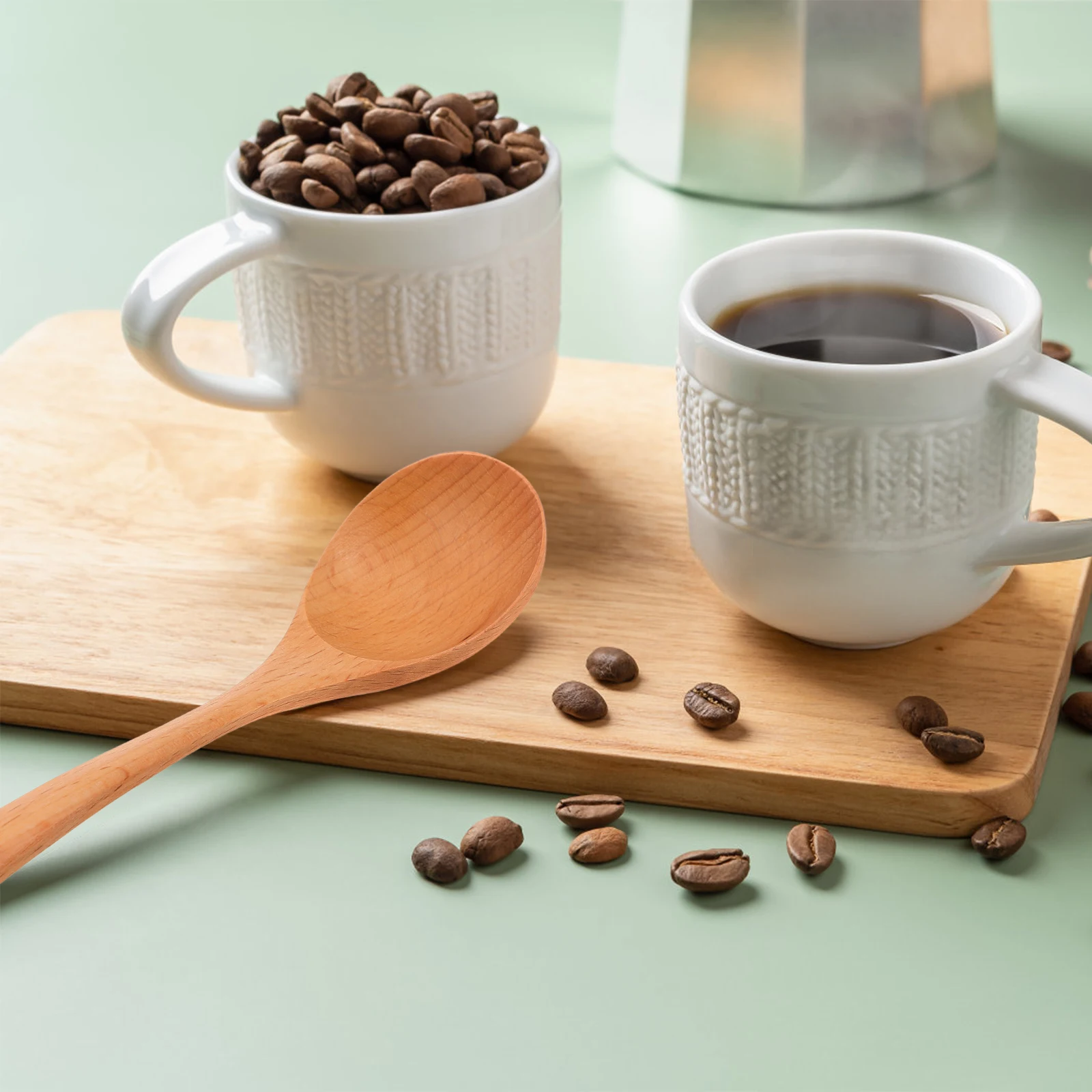 

7pcs Wooden Tea Spoons Big Coffee Honey Stirrers Long Handle Scald Resistant Smooth Natural Light Brown Kitchen Serving