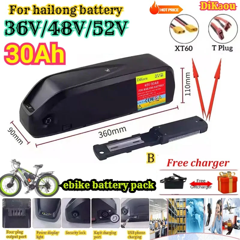 

36V 48V 52V 30AH For Hailong Battery Ebike Batería Hailong Max 40A 50A BMS 500W 750W 1000W 1500W Scooter Eléctrico 18650 Celda