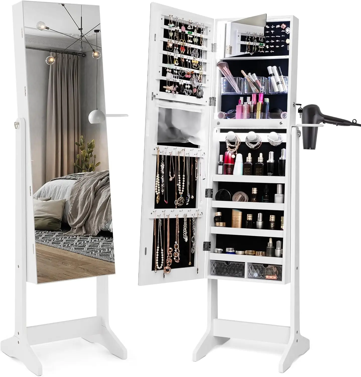 Jewelry Cabinet Armoire,with Full-length Frameless Mirror, 3-Color LED Lights, 3 Adjustable Angles, Hair Dryer Holder for Bedroom(White)
