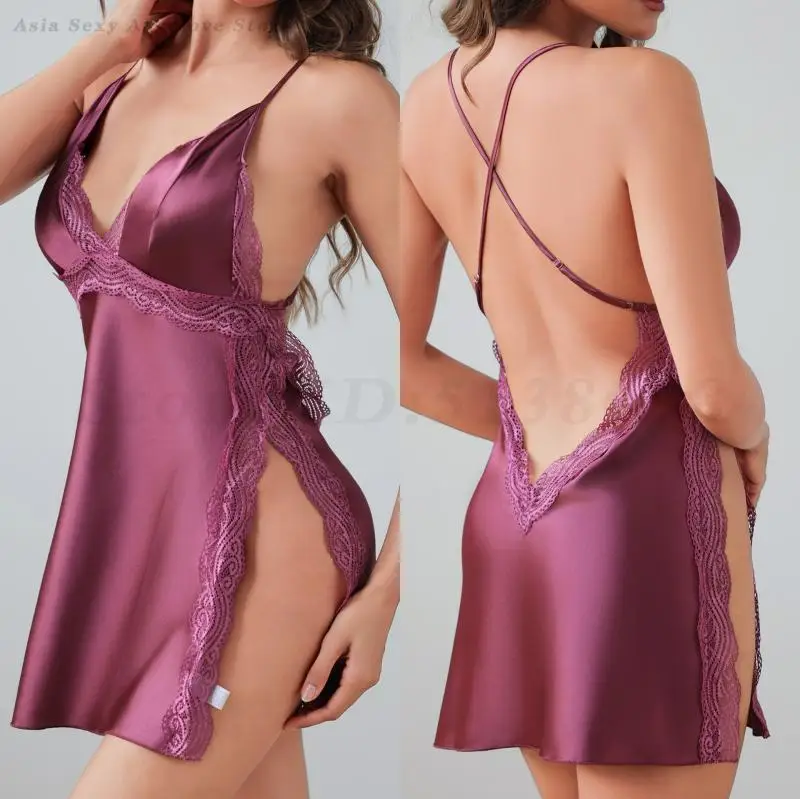 

Sexy Lace Split Nightgown for Women Suspender Backless Nightdress Intimate Lingerie Silky Satin Sleepwear Home Dressing Gown