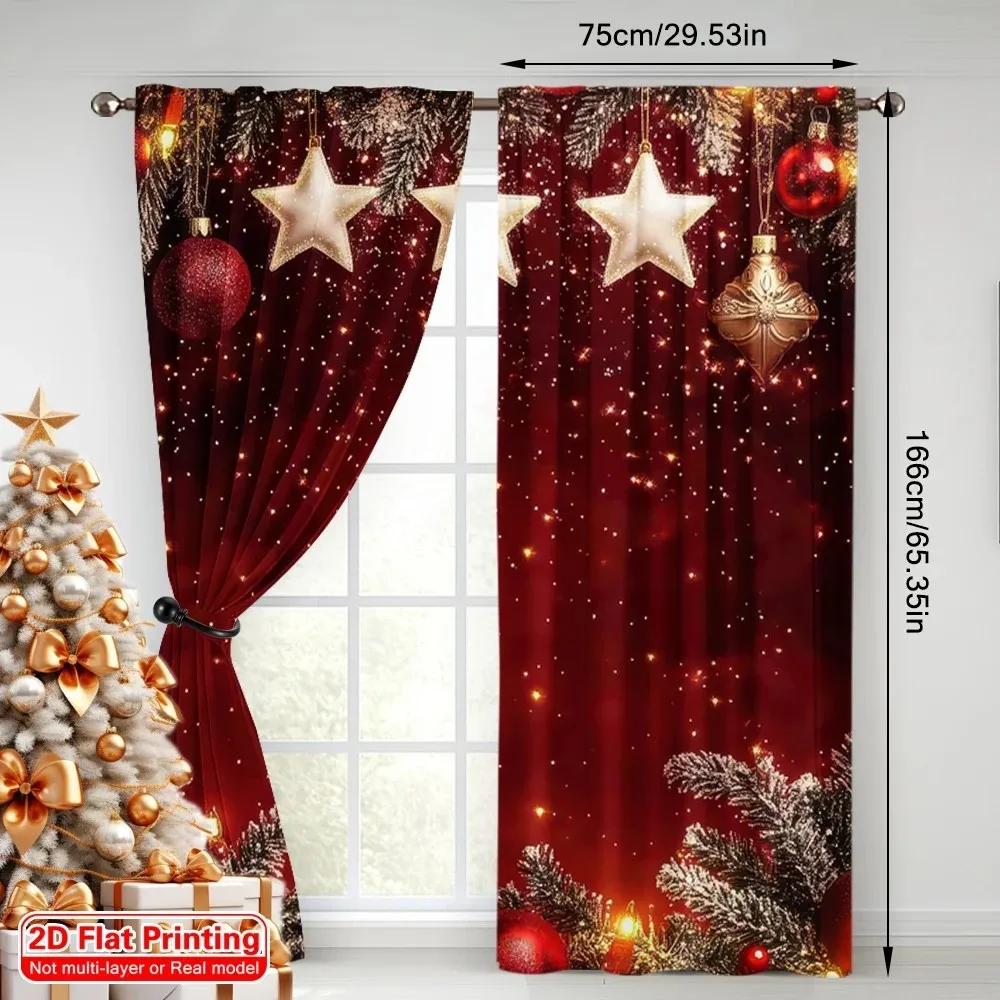 2PCS Digital Print Curtains, Dark Red Christmas Hanging Golden Stars Balls Pine, Sparkling Holiday for Living Room Bedroom