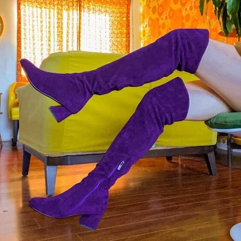 

Fashion Chunky Heels Stretch Over The Knee Boots Round Toe Purple Suede Modern Tall Boots Winter Block Heels Dress Shoes