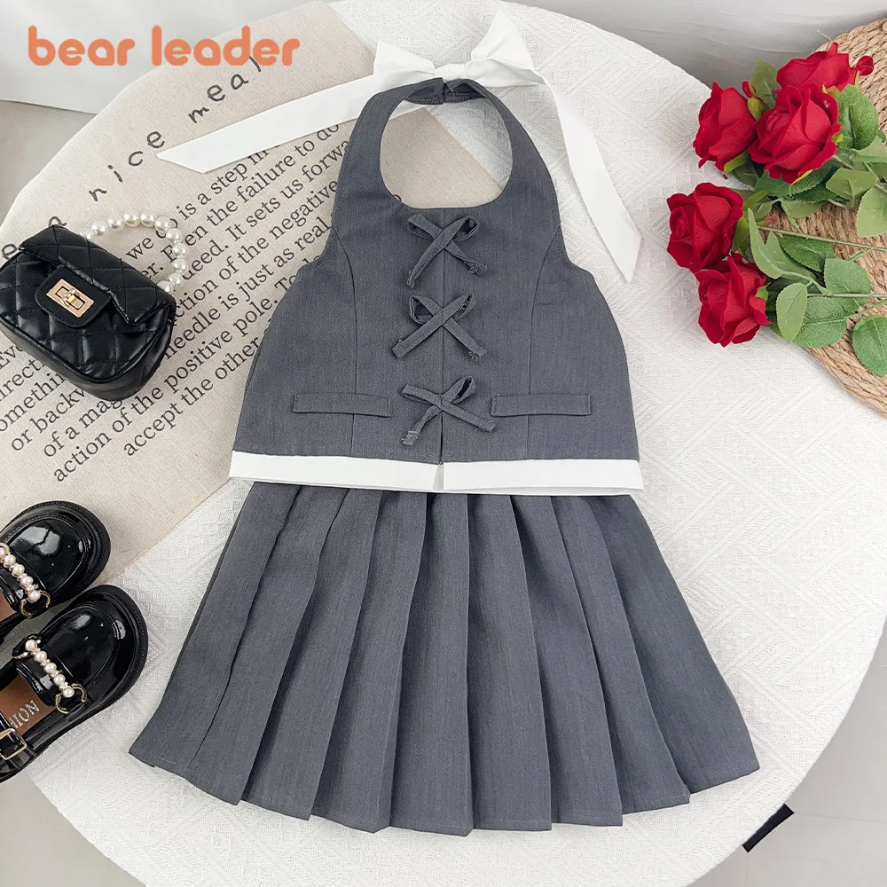 Bear Leader Korean Version Fashion Hanging Neck Gray Girls' Clothing Summer New Bow Sleeveless Backless Top + Pleated Skirt