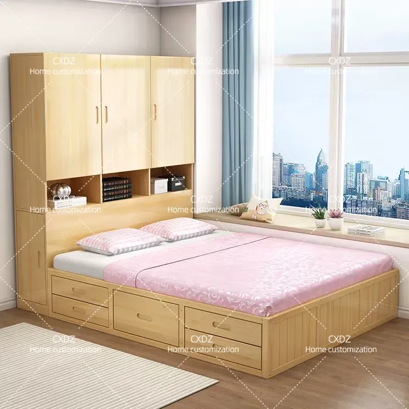 All solid wood wardrobe integrated bed storage air pressure high box bed bedside storage bed tatami 1.8 meters platform
