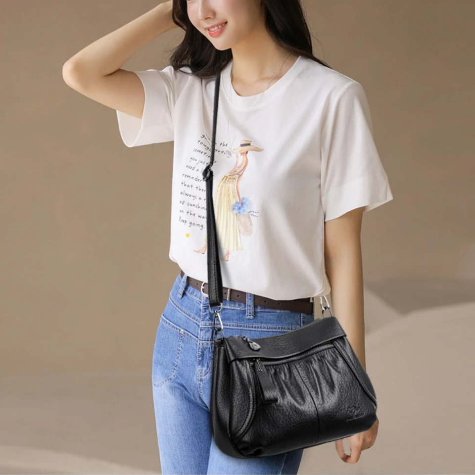 High Quality Soft Leather 3 Layers Shoulder Bag for Women Multi Purpose Handbag with 2 Straps Crossbody Bag Single Shoulder Bag