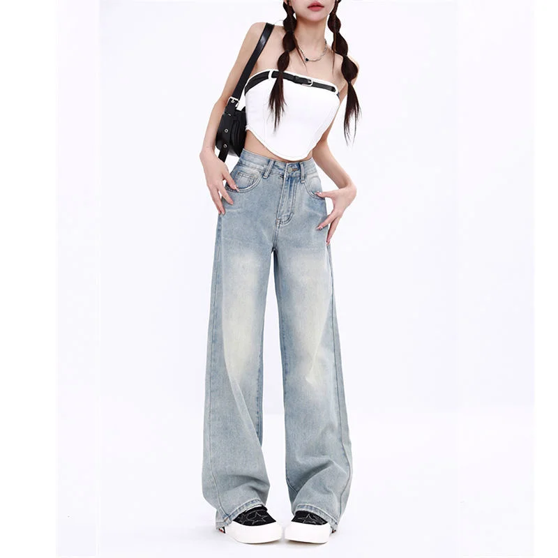 New Sanrio Hello Kitty Embroidery Jeans Women Vintage Straight Denim Pant Woman Korean Fashion Winter Blue High Waist Trousers