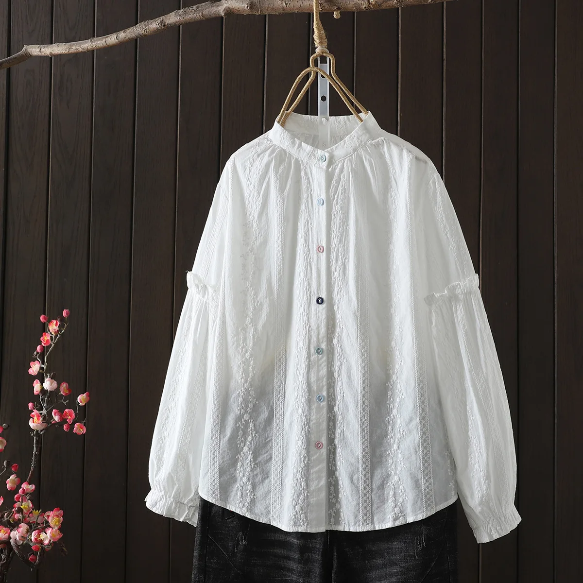 

2025 Elegant and Youth Women's Blouses Pure Cotton Stand Collar Lace Embroider White Shirts Boho Women's Autumn Clothes