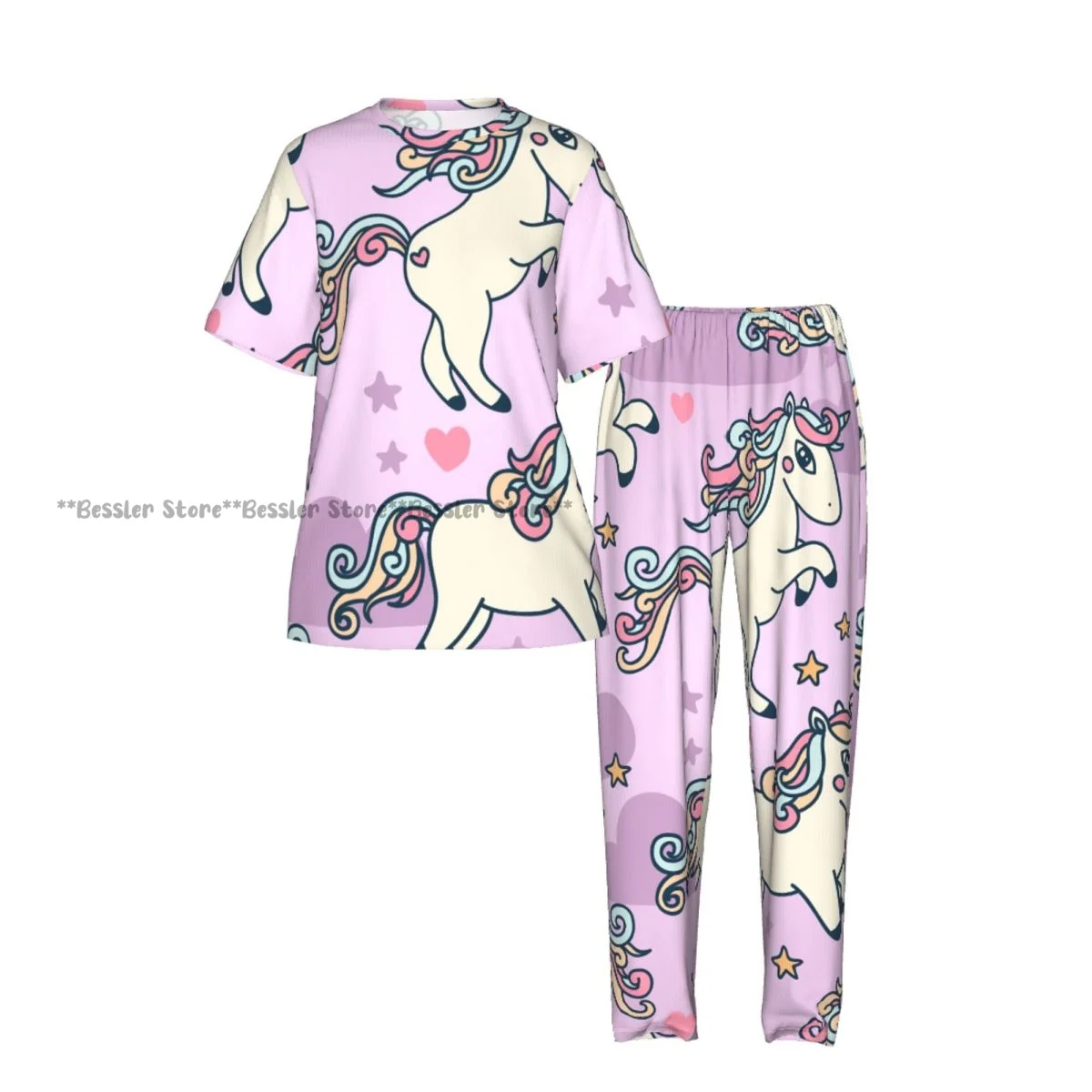 Women's Pajamas Set Cute Unicorn And Stars Pink Print Short Sleeve Sleepwear 2 Piece Homewear Loungewear