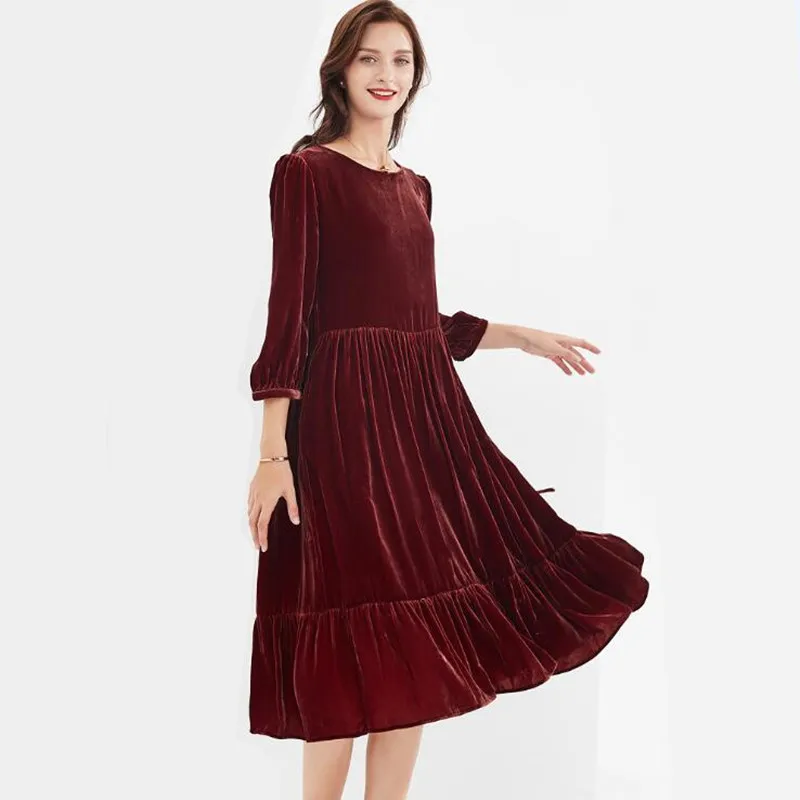 Wiosna kobiety w stylu Vintage wzburzona welurowa sukienka 2024 jesień rękaw trzy czwarte Casual elegancka aksamitna sukienka na imprezę Vestidos robe femme