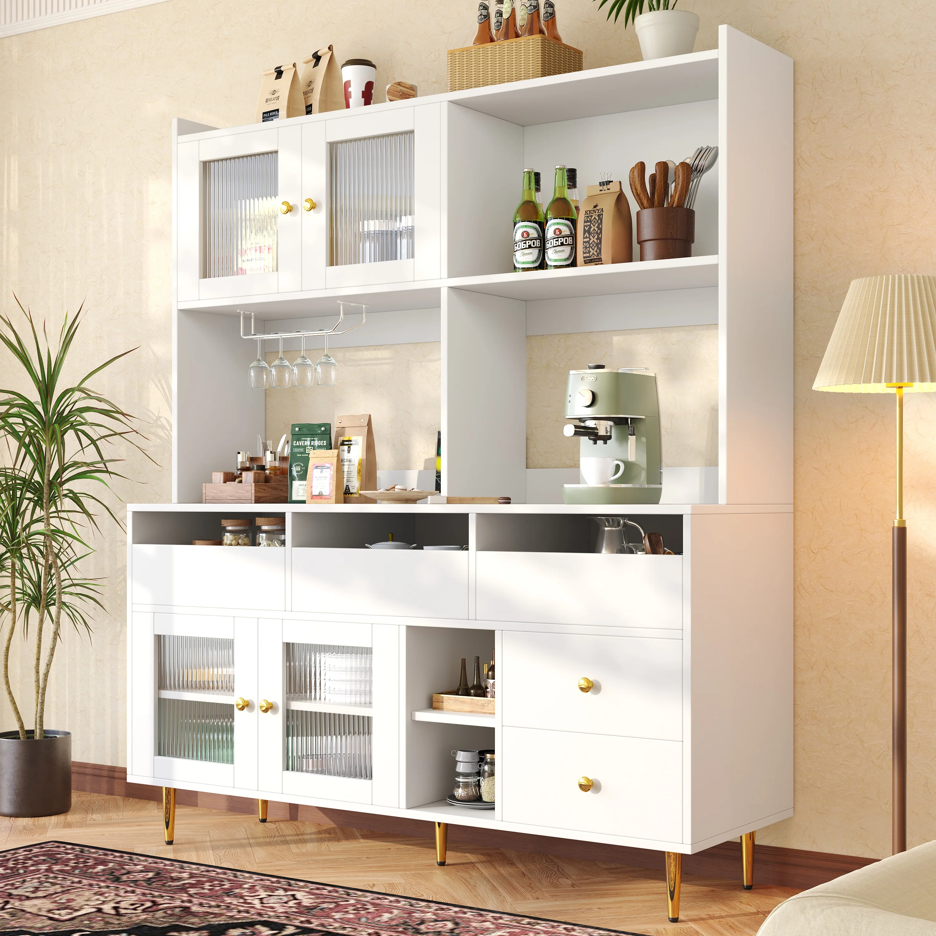 Buffets Hauts - Vaisselier Moderne avec Portes Vitrées et Rangement pour Cuisine, MDF et Métal, 145x39x171 cm, Blanc