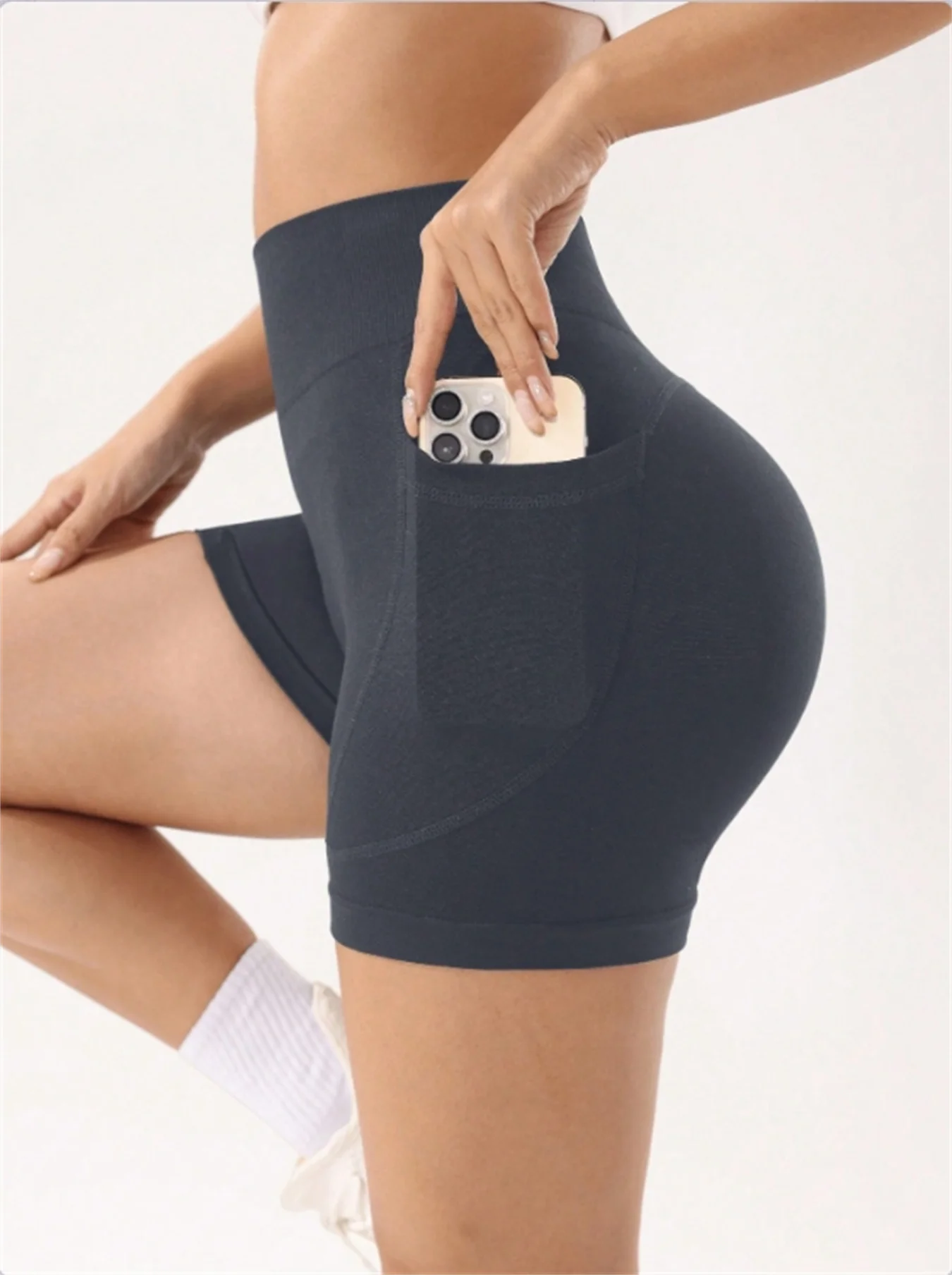 Ladies' high waisted yoga running tight shorts, breathable sports shorts with pocket design