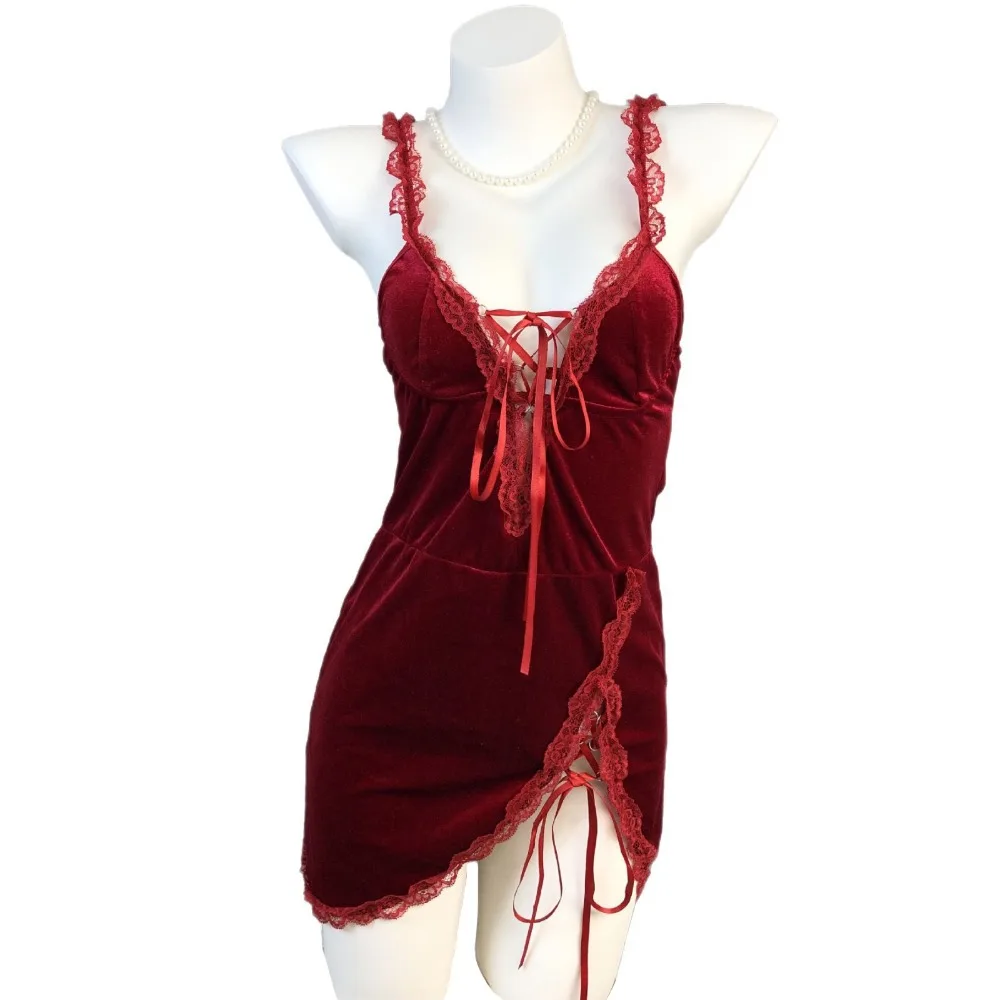 

Elegant with thong Suspender Nightdress Lace Bow Fork Design Slim Sling Nightgown Sleeveless Thin Women's Pajama Dress Club