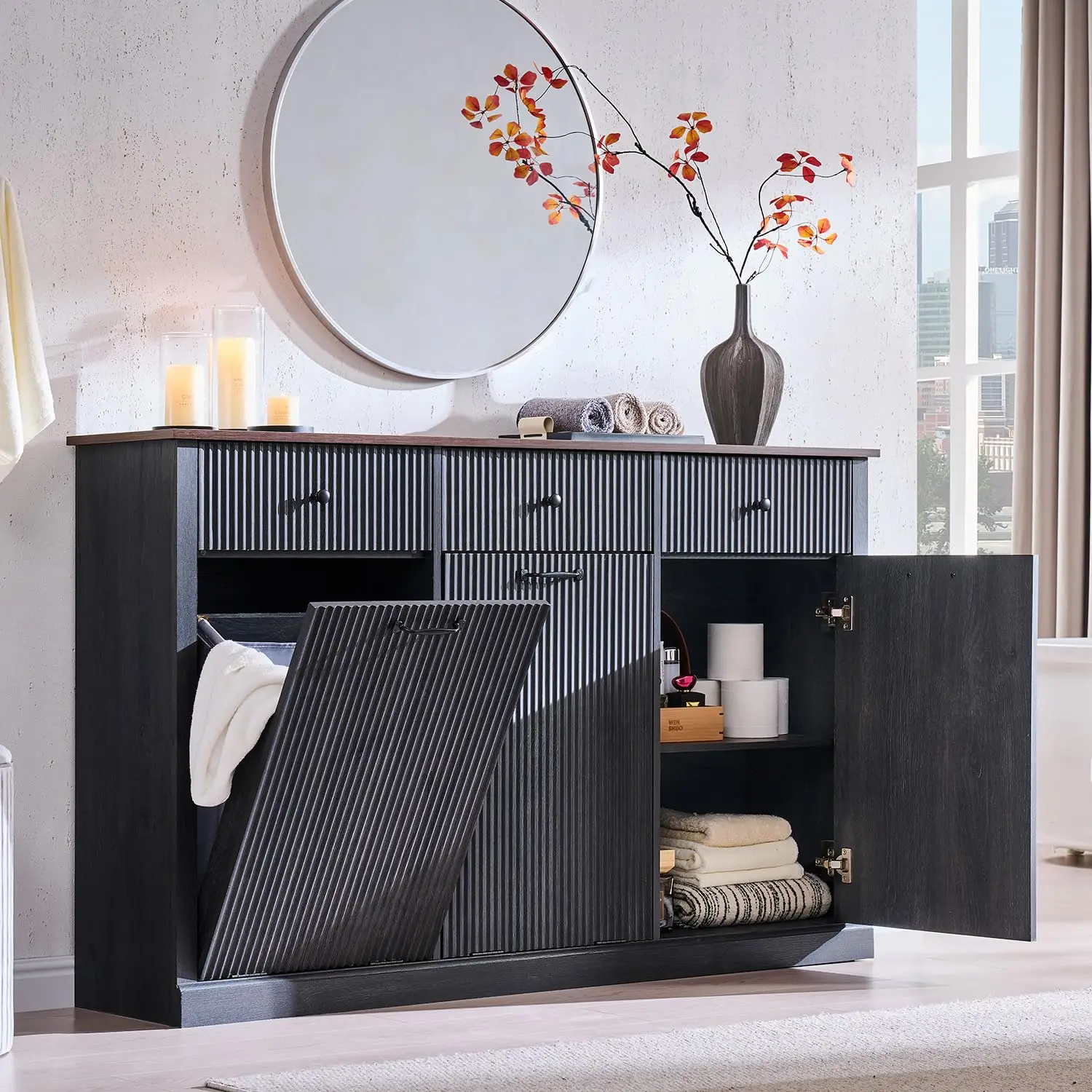 Triple Tilt Out Hamper Cabinet Fluted Trash Cabinet w/3 Drawers 20 Gallon Hidden Garbage Cabinet w/Basket & Shelf , Customized