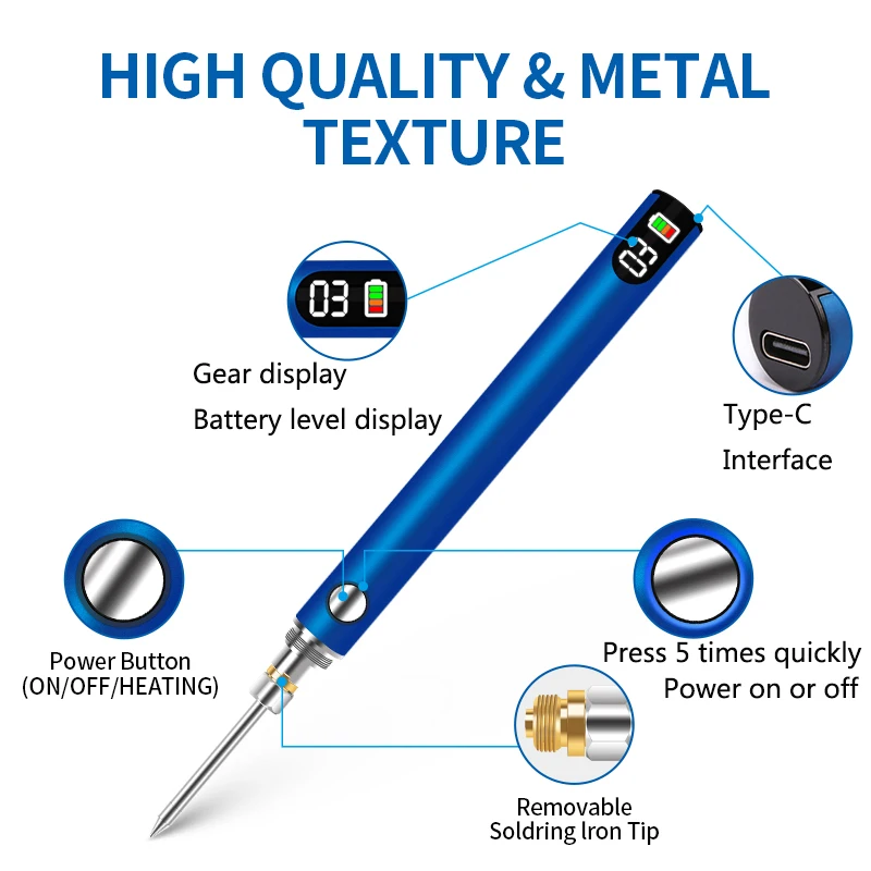 USB 5V 15W Cordless Soldering Iron Tool Pen Portable Electric Rechargeable and Temperature Adjustable With Display