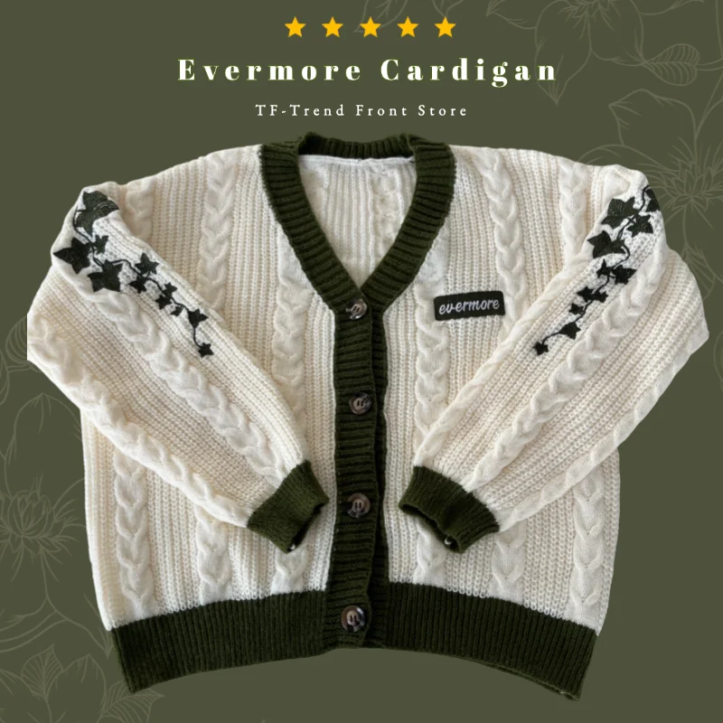 3XL Women Evermore Cardigan with Vines Embroidery Female Flower Folklore Sweater Knitted Cardigans Fashion Letter Patch Sweater