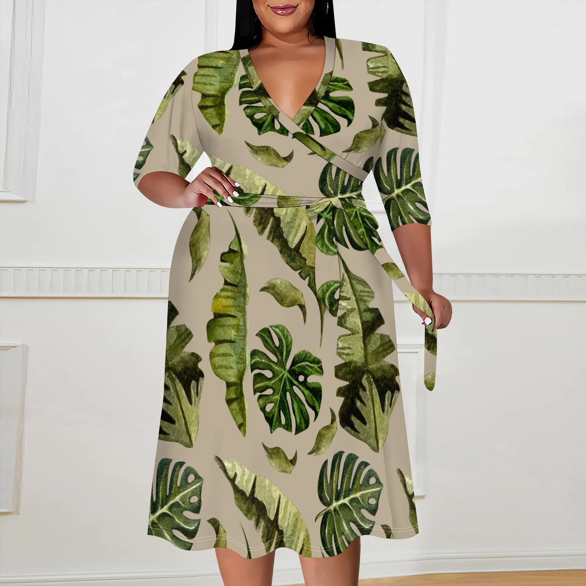 

Plus Size Women's V-Neck Wrap Dress 3/4 Sleeve Tropical Leaf Print Midi Dress with Belt XL-6XL