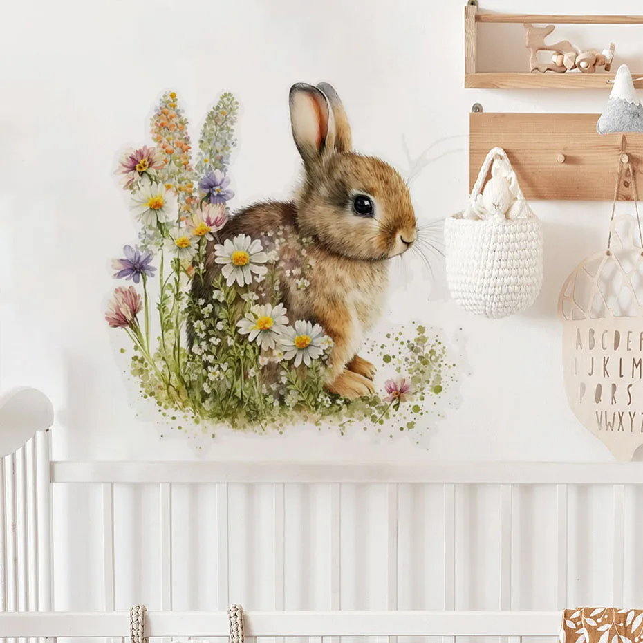 Cartoon Rabbit Flowers Wall Sticker Nursery Kids Room Home Decoration Mural Living Room Bedroom Bunny Stickers