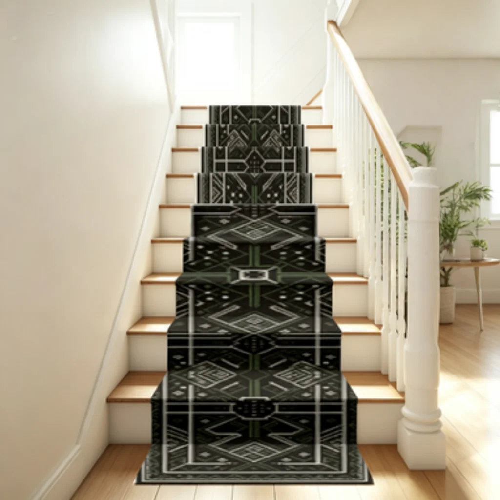 Luxury Black Gold Scroll Vine Stair Mat, Minimalist Black White Geometric Non-Slip Stair Mat, Persian Floral Vine Soft Stair Mat