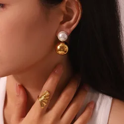 Stylish Gold Plated Stainless Steel Chunky Double C Hoops Imitation Pearl Front Back Beads Stud Earring for Women Jewelry Gift