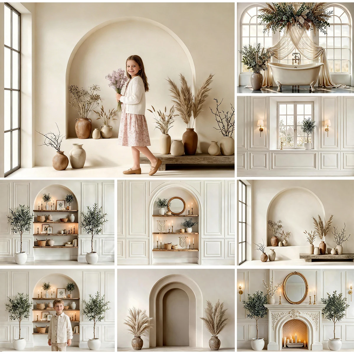 

Набор фонов для фотосъемки в стиле ретро-бохо: классические минималистичные фоновые полотна ваби-саби с натуральной текстурой для детских и домашних съемок