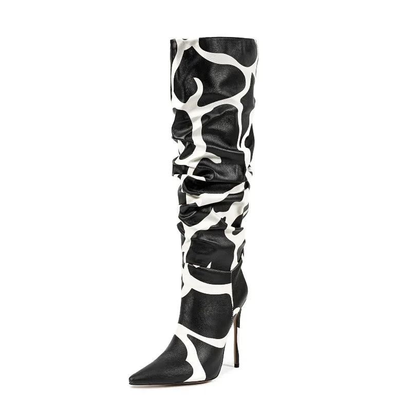 

European AndAmerican Sexy High-heeled Pleated Sleeveknee High Banquet Bootsfor Women's Fashion Zebra Print Versatile Knightboots