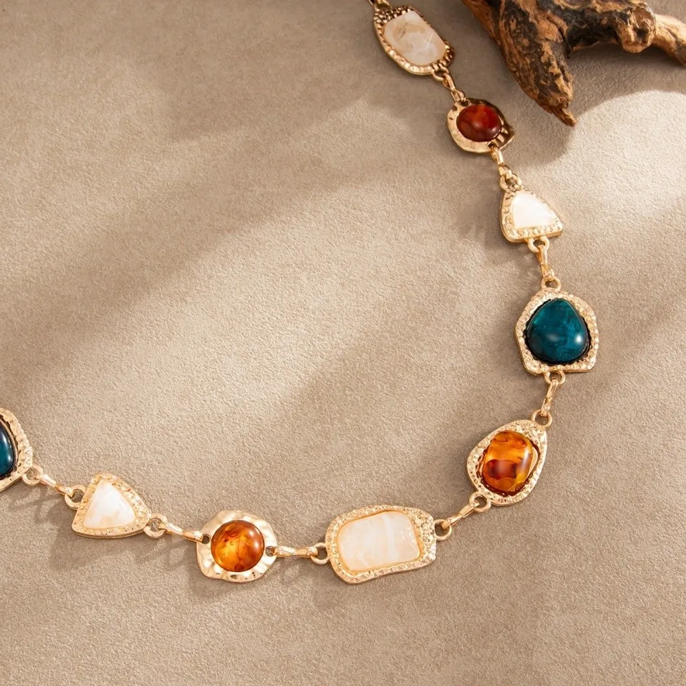 Fashion Resin Gem Waist Chain Gold Link Color Mix Body Chain Vintage Style Irregular Shape Body Jewelry Festival Match