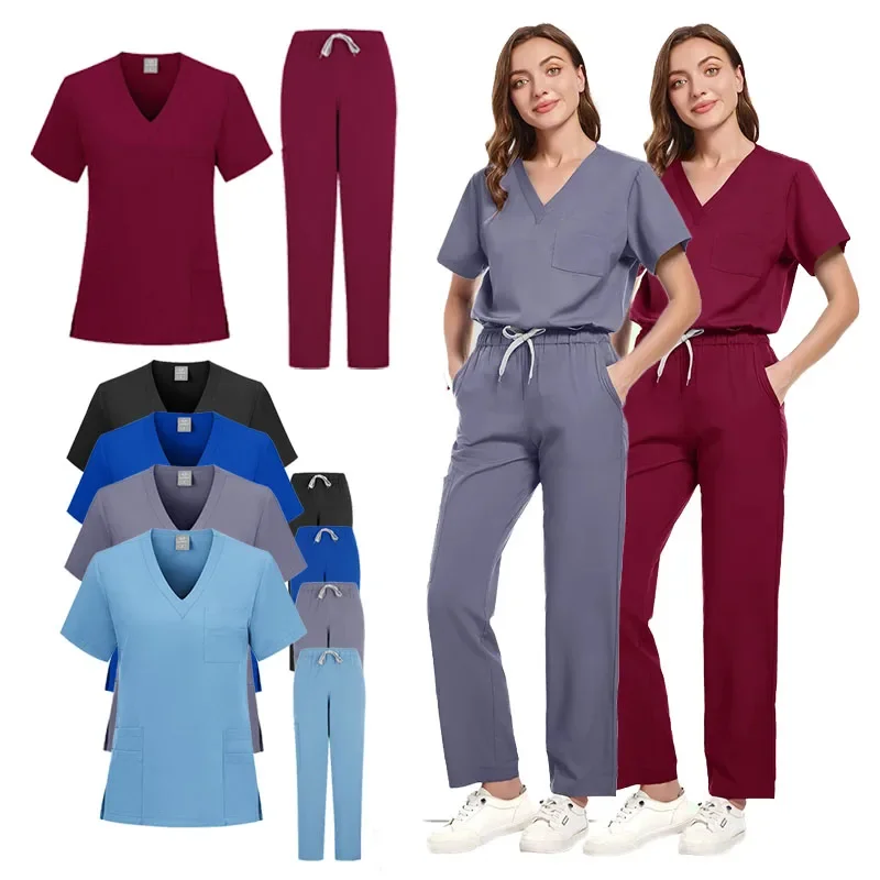 New Nurse Uniforms Women Casual Pockets Top Straight Pants Set Pharmacy Clothes Medical Hospital Doctor Nursing Surgical Uniform