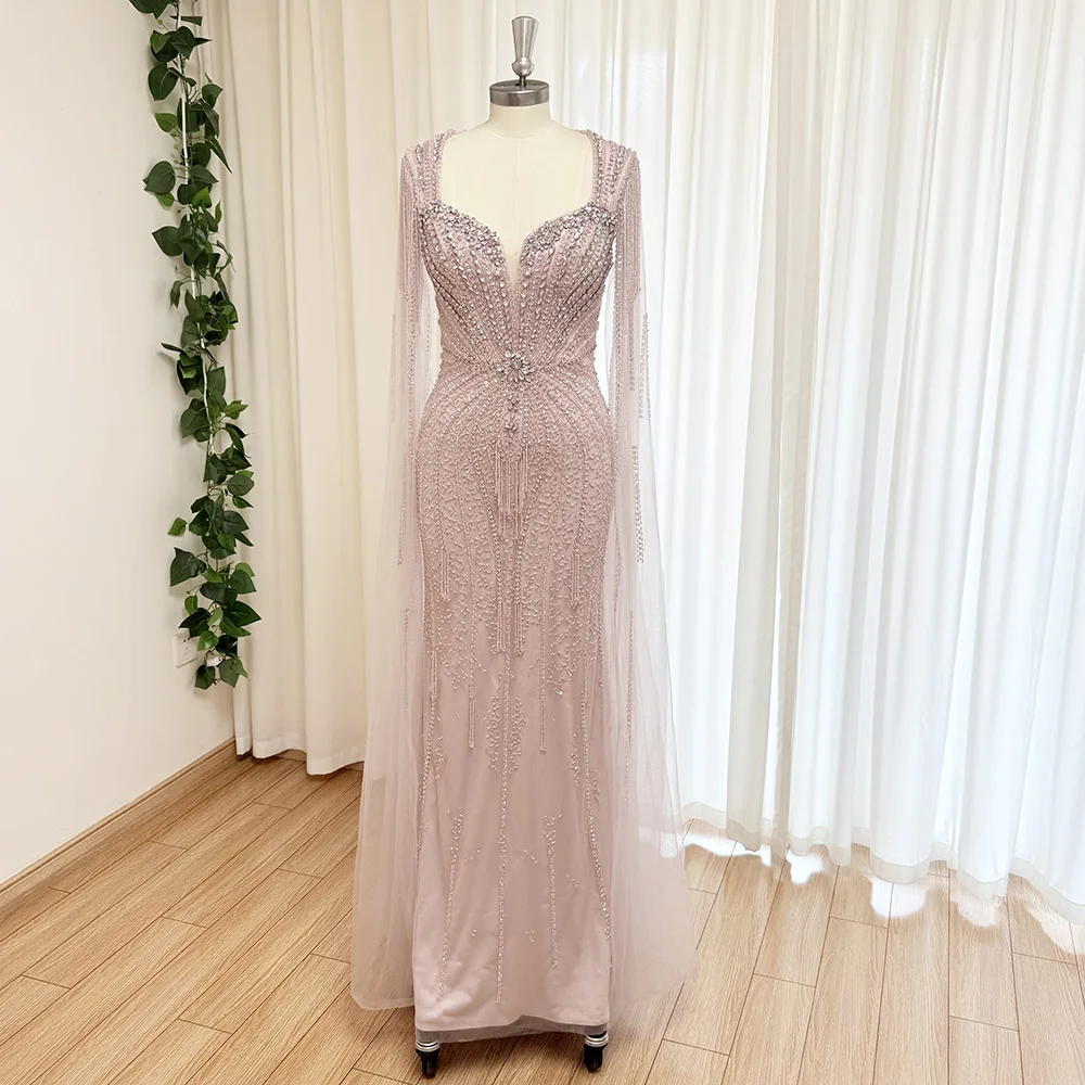 Elegant Pink Mermaid Beads Evening Dress for Women with Cape Sleeves 2025 V Neck Long Formal Prom Wedding Party Gown Customized
