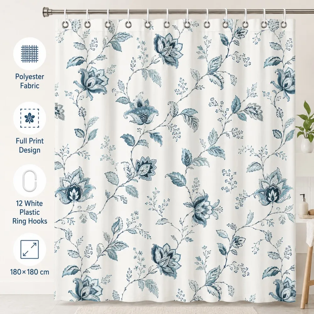 

Blue Floral Shower Curtain 180x180cm Polyester Fabric Water Resistant Full Print Bathroom Decor with 12 White Plastic Ring Hooks