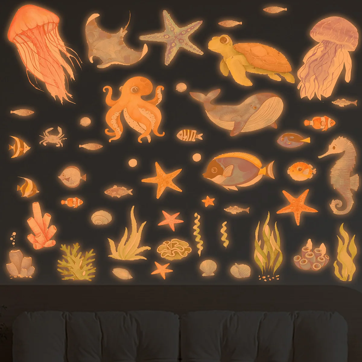 Luminous underwater world Marine fish jellyfish Fluorescent removable Wall Sticker Art Vinyl Decal Mural Decor