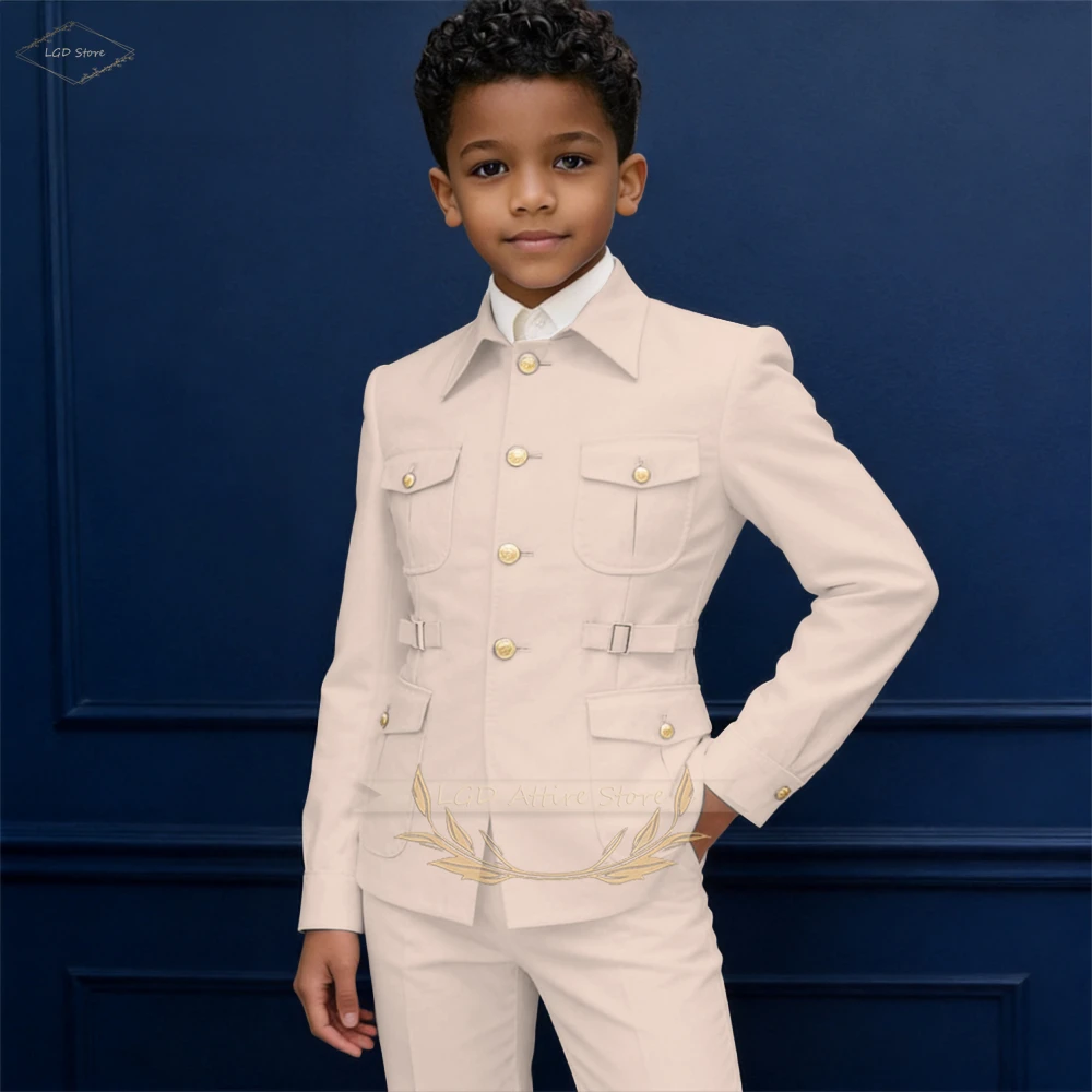Boys' 2-Piece Formal Stand Collar Suit, Jacket with Gold Buttons & Pants for School Performances & Evening Events