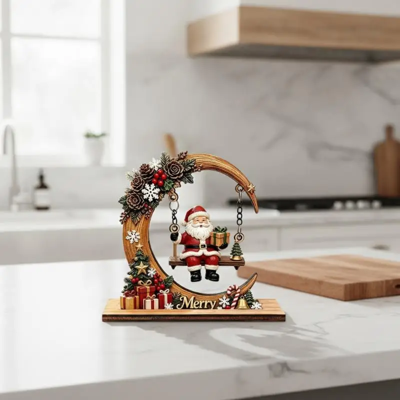 Wooden Santa Claus Swing Ornament with Moon Frame Festive Details for Home Tabletop Christmas Decor