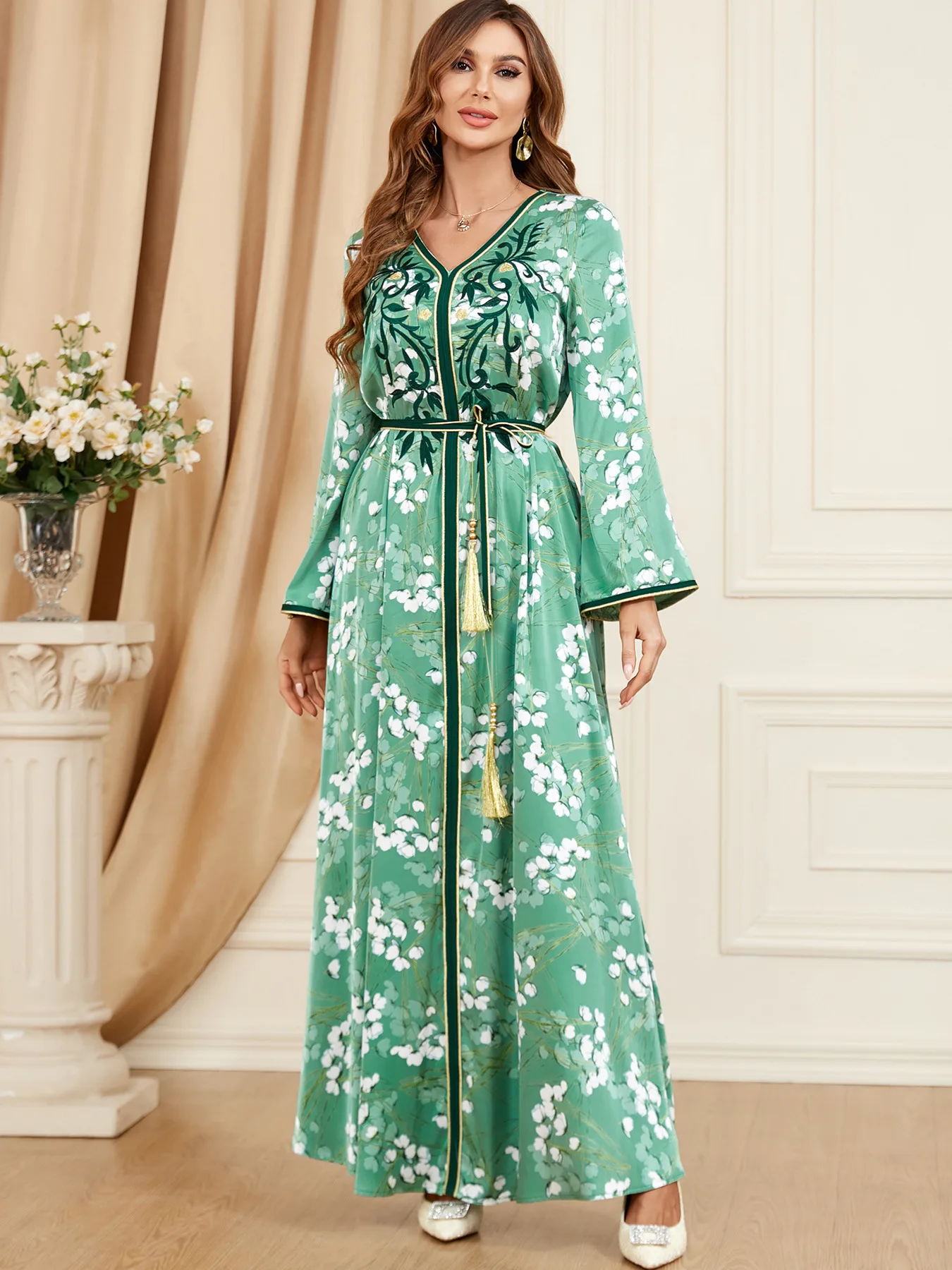 Autumn Muslim Jalabiya Dress for Women Print Abaya Ramadan Party Long Dresses Abayas Woman Lace-up Kimono Robe Caftan Vestidos