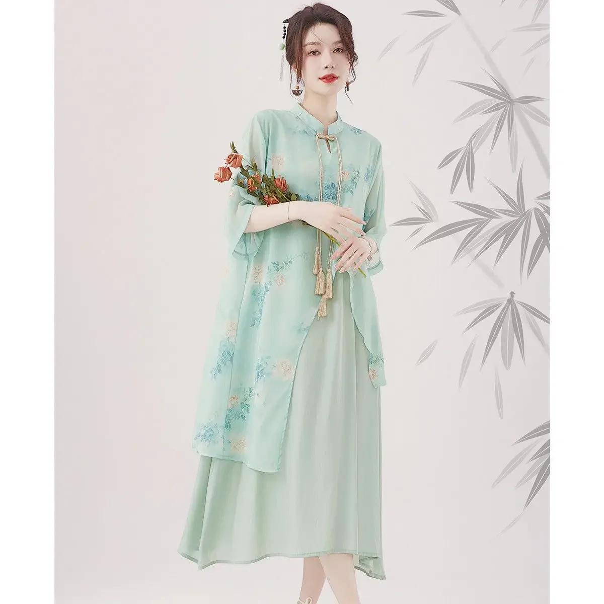 Chinese Traditional Women Qipao Dress Green Round Neck Flower Print Fake Two Piece Improved cheongsam Elegant Evening Dresses