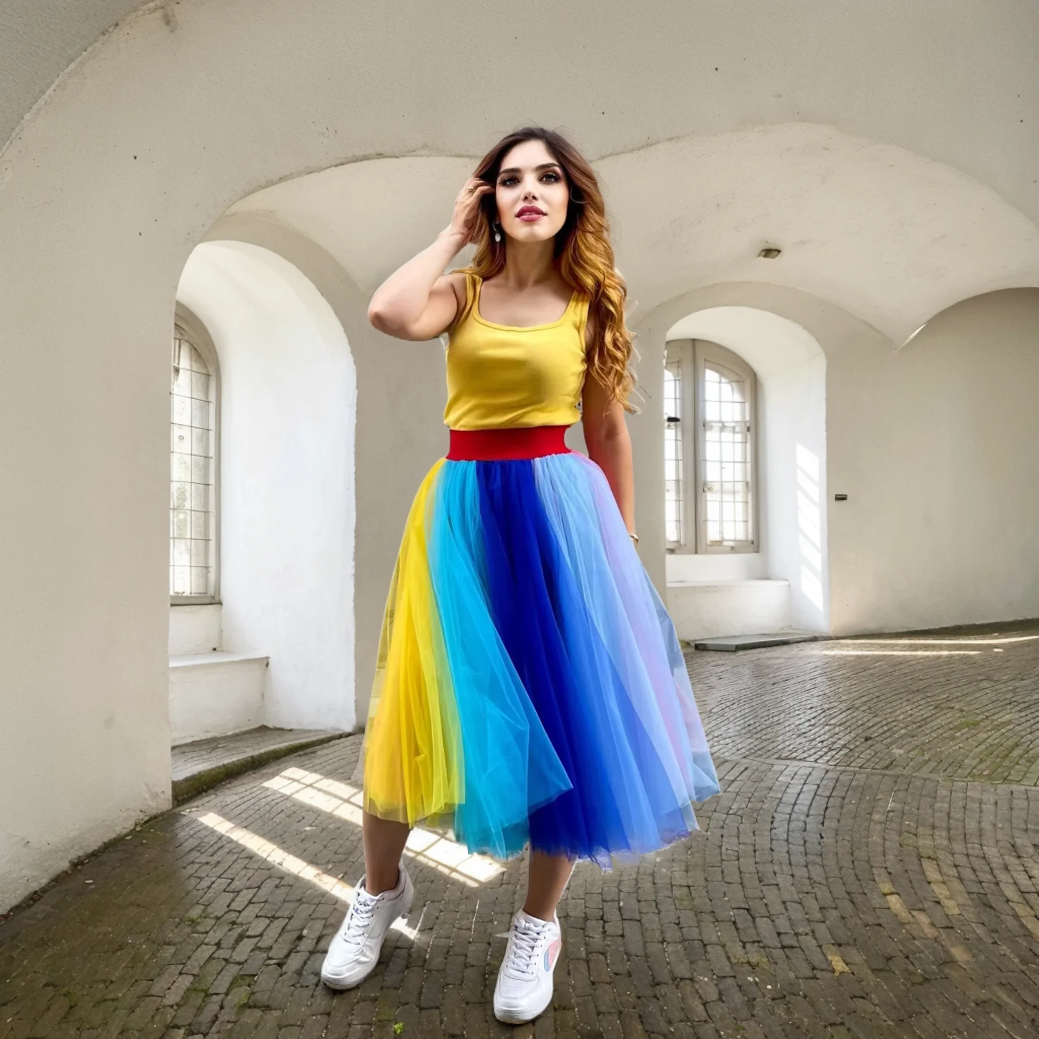 

Women's Summer Half Skirts Layered Tulle Rainbow Tutu Skirts Colorful Elastic Waist Knee-Length Petticoat Carnival Party Slips