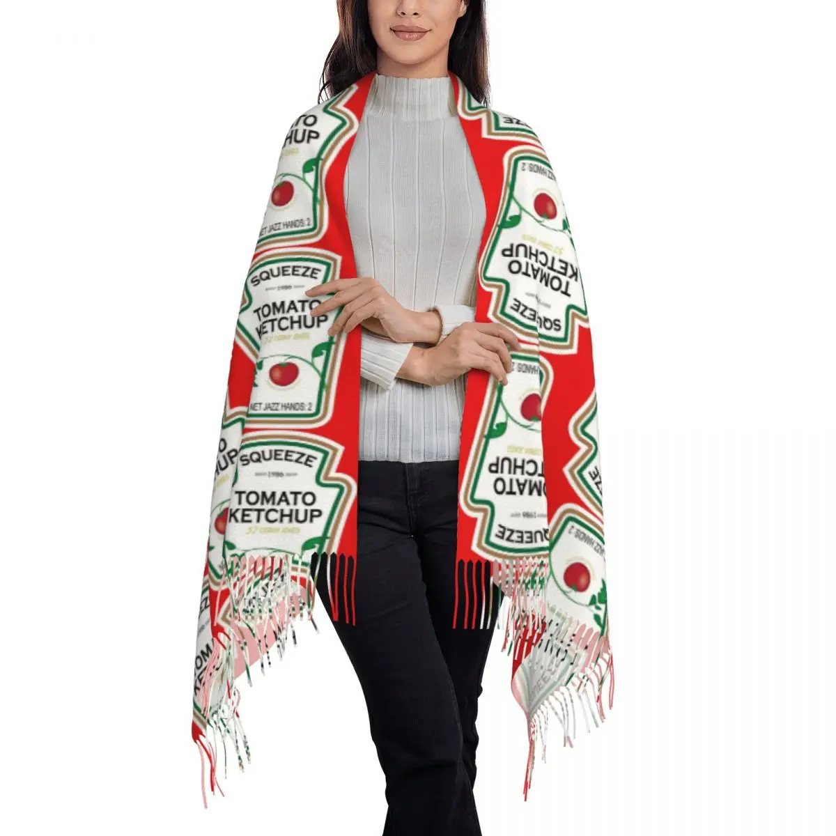 Funny Ketchup Label Scarf Tassel Scarves for Women Soft Warm Shawls and Wraps Large Fall Winter Shawl Wrap