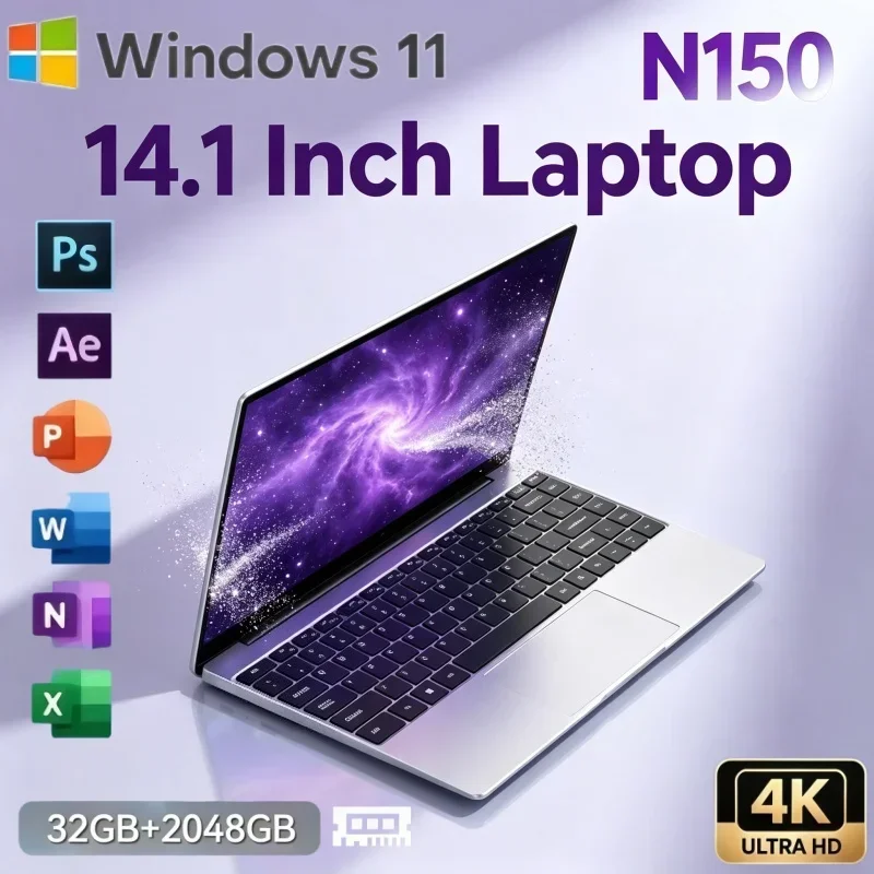 14.1 Inch HD Display Laptop Intel N150 32GB RAM 2TB SSD Windows 11 Office PC Portable Ultrabook Home Office Gaming Notebook