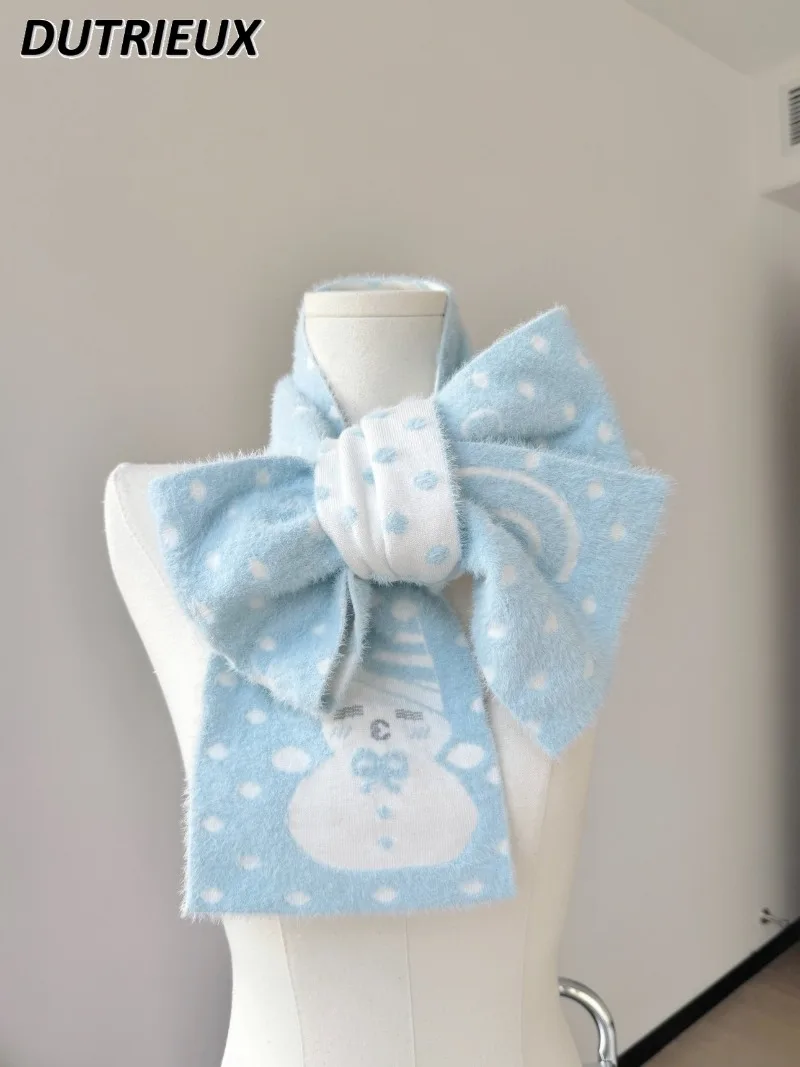 Original Polka Dot Scarf Soft Imitation Mink Winter New Blue White Color Matching Cute Sweet Girl Versatile Scarf Accessories