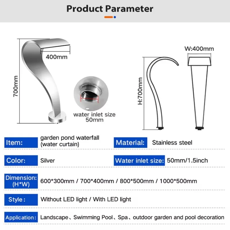 STLF Stainless Steel Water Curtain Swim Spa Pool Cascade Spillway Swimming Pool Fountain Waterfall