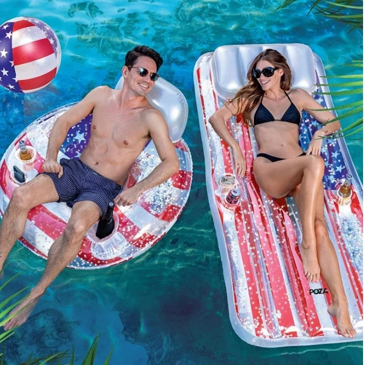 Factory Custom Glitter Inflatable USA Flag Pool Float Confetti Inflatable Water Air Mattress for Beach