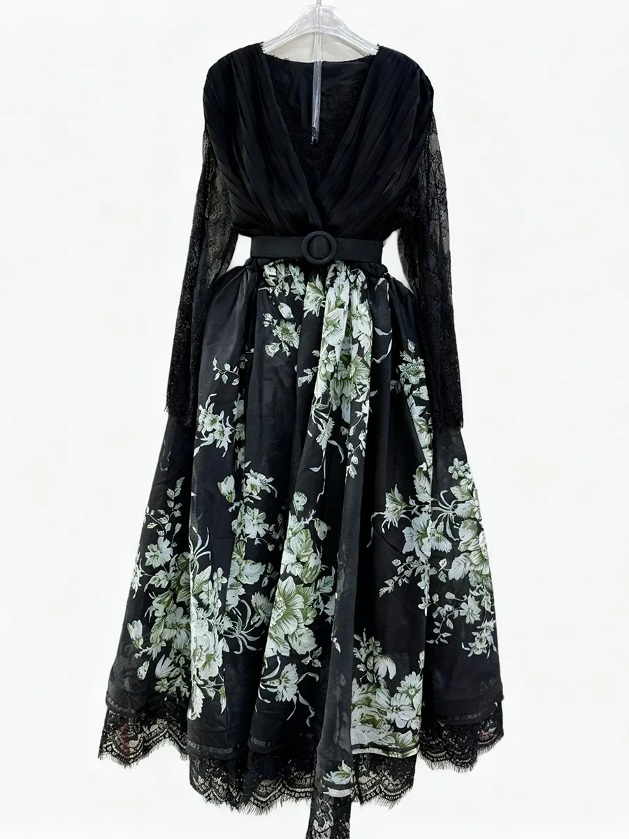 TWOTWINSTYLE 프린팅 시어 스플라이스 레이스 빈티지 드레스 여성용 브이넥 긴팔 하이웨이스트 패치워크 셔링 드레스