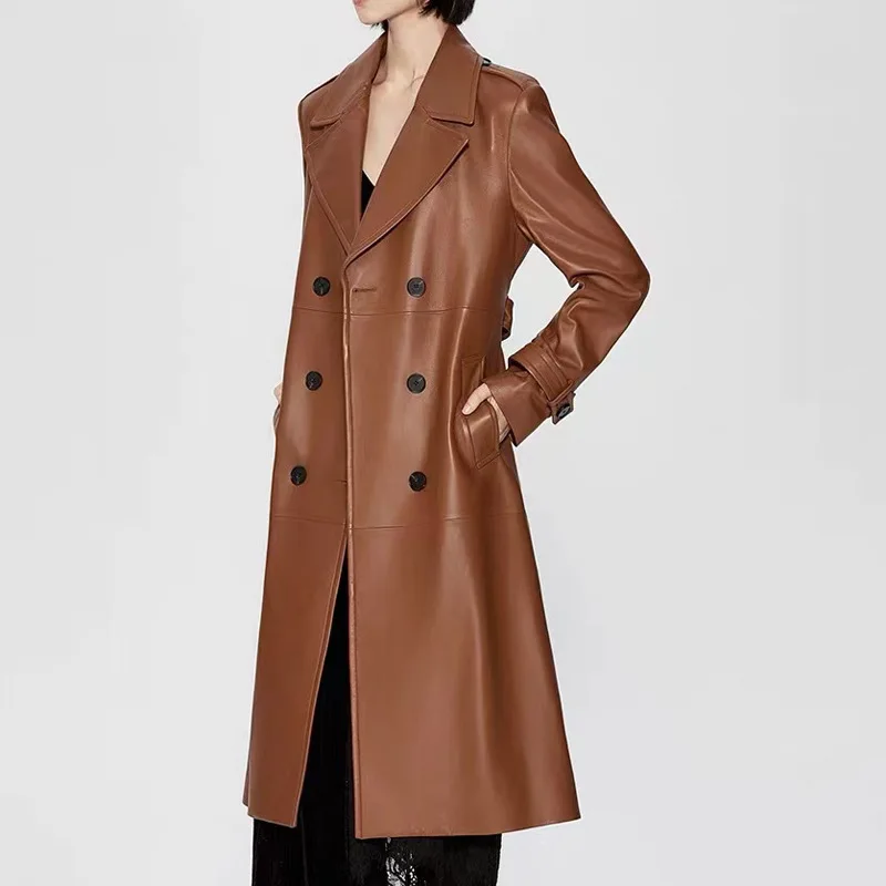 Retro Brown Leather Jacket Women Sheepskin British Style Lapel Double Breasted Belt Loose Long Trench Coat Kurtka Damska Zimowa